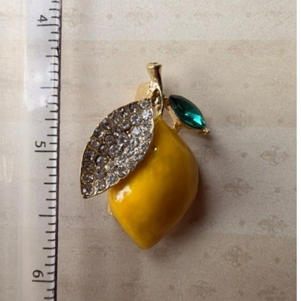Lemon Brooch Yellow Enamel Rhinestone Gold Tone Fruit Statement Pin